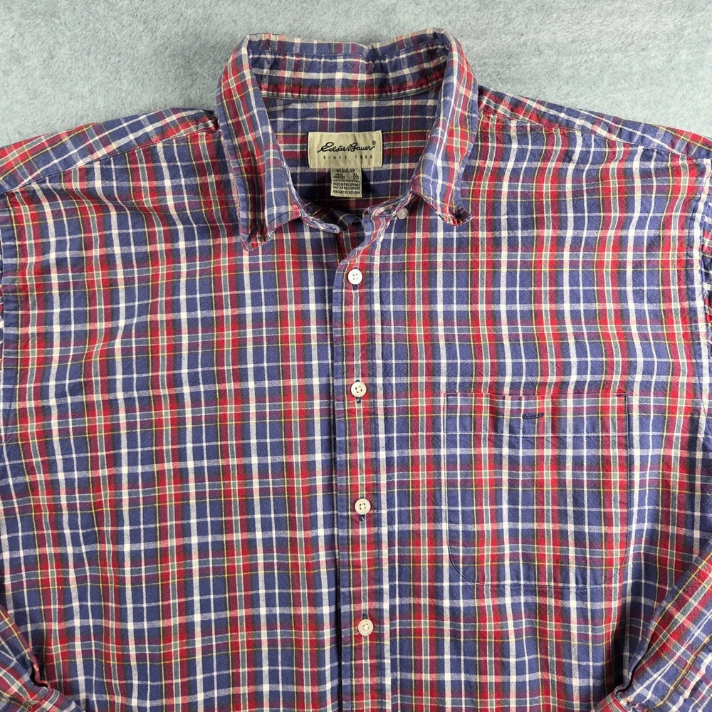 Eddie Bauer Plaid Button Down Shirt Mens XL Blue Red White Long Sleeve Cotton
